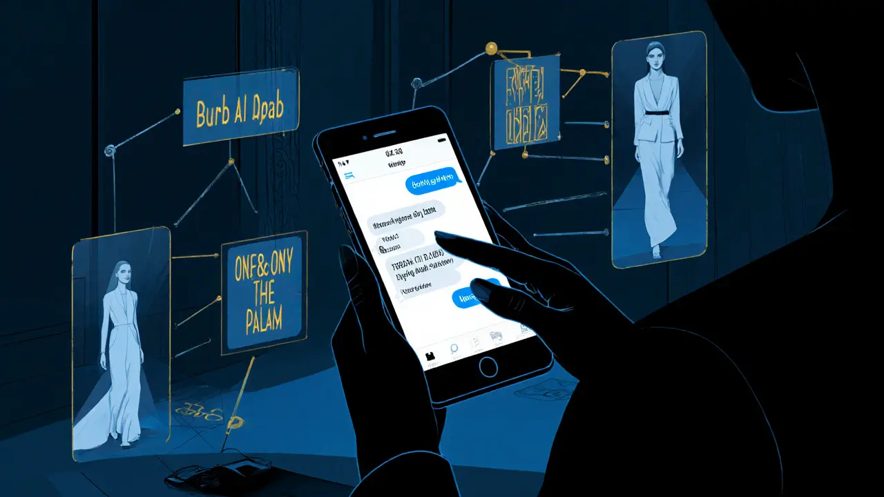 A hand types on a phone in a dark hotel room, glowing screens showing luxury location tags and fashion overlays.