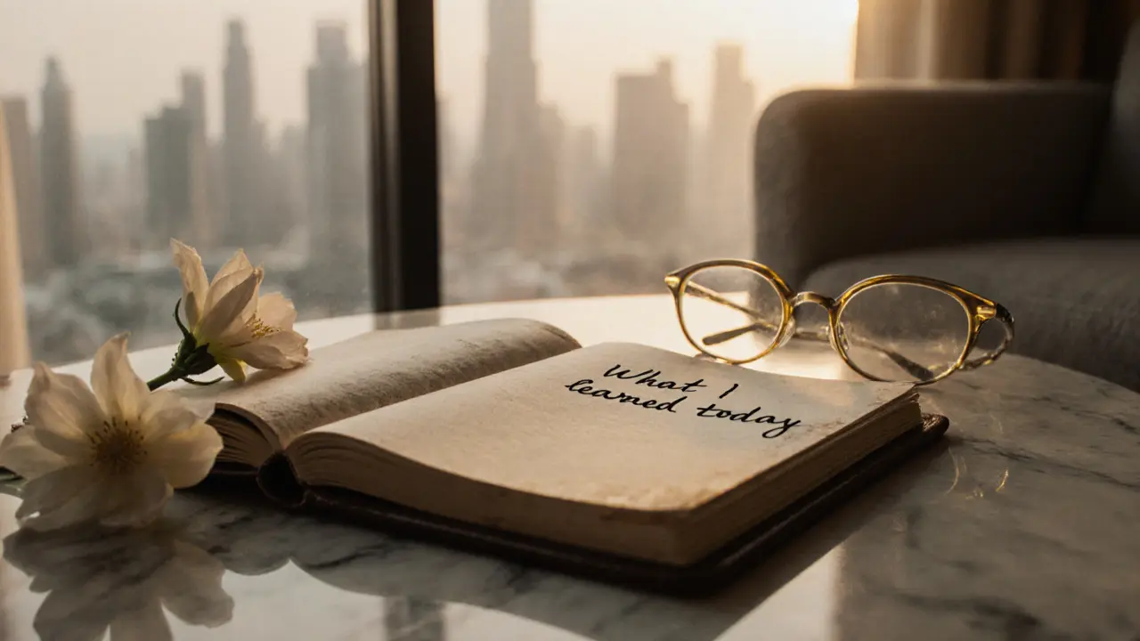 A handwritten note in a leather notebook beside a jasmine flower, symbolizing a meaningful moment shared.