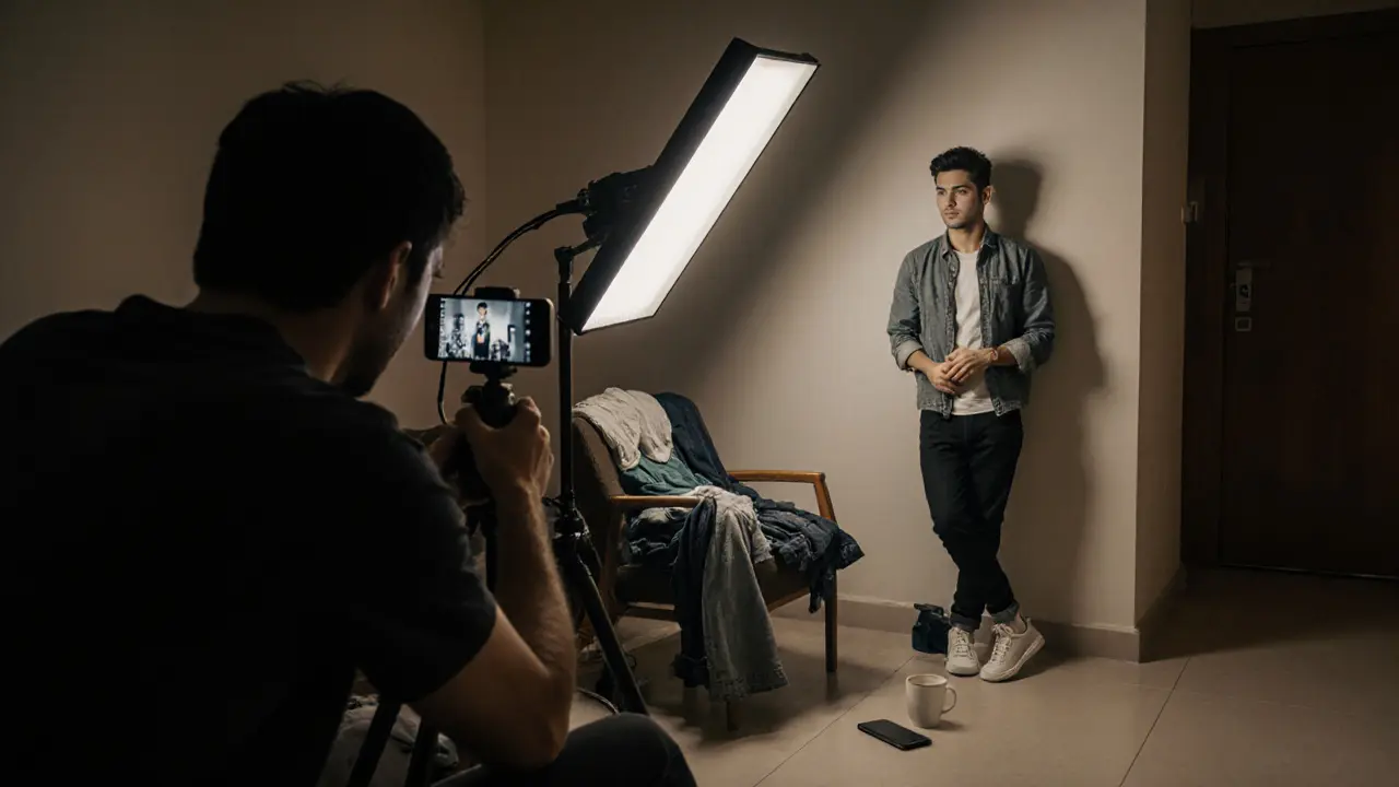 A lone person filming with a smartphone in a rented Dubai apartment, no professional gear, only a phone and ring light.