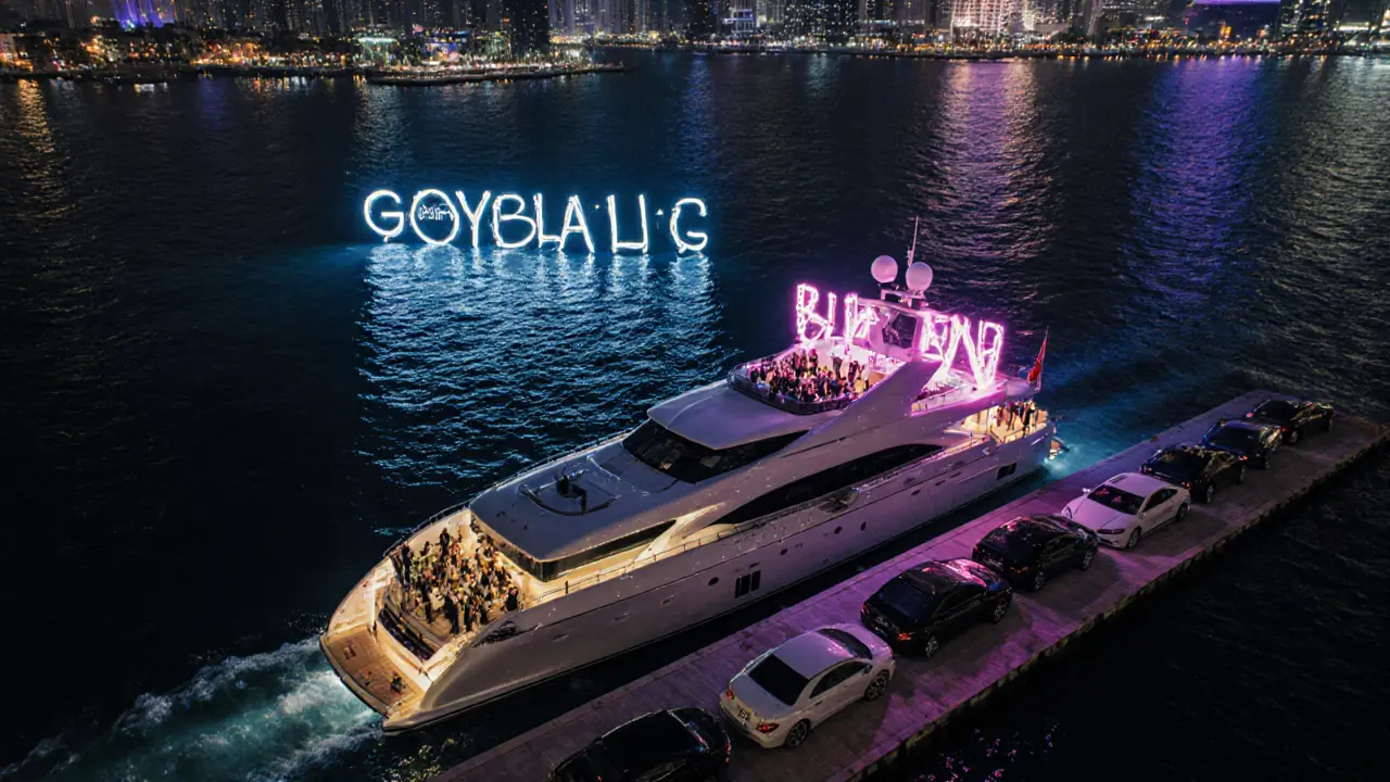 A luxury yacht gliding past Dubai Marina at night, with a drone light show spelling a name above the water and the Burj Khalifa glowing in the distance.