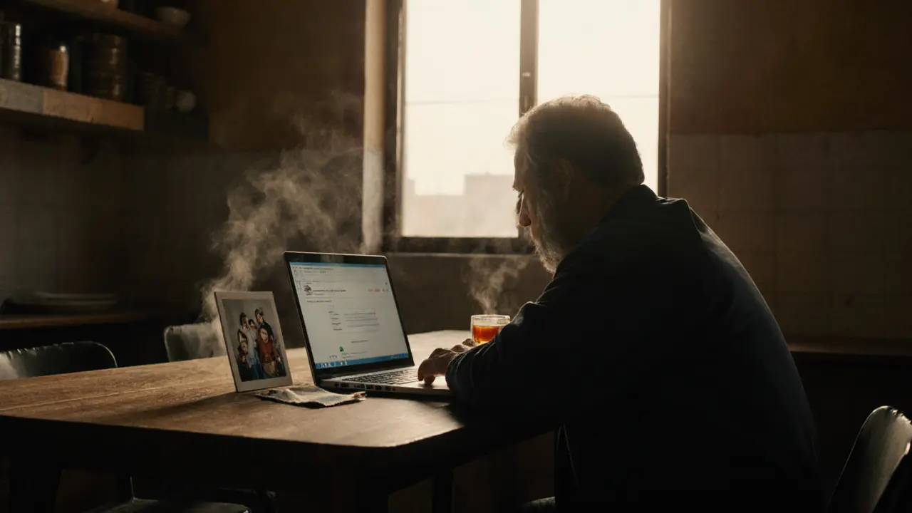 A man sitting alone in a bakery at dawn, a family photo face-down beside a laptop.