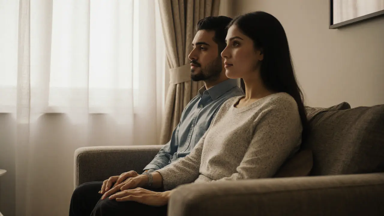 A married couple in a calm counseling office sit together, one hand gently on the other’s, finding connection through quiet honesty.