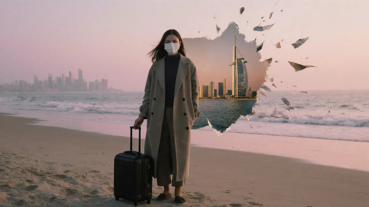 A masked woman on a beach at dawn, scattering a photo of Dubai&#039;s skyline as wind carries the pieces away.