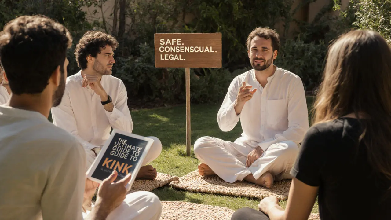 A peaceful outdoor gathering in Oman with people discussing kink safely, holding books and sitting on mats.