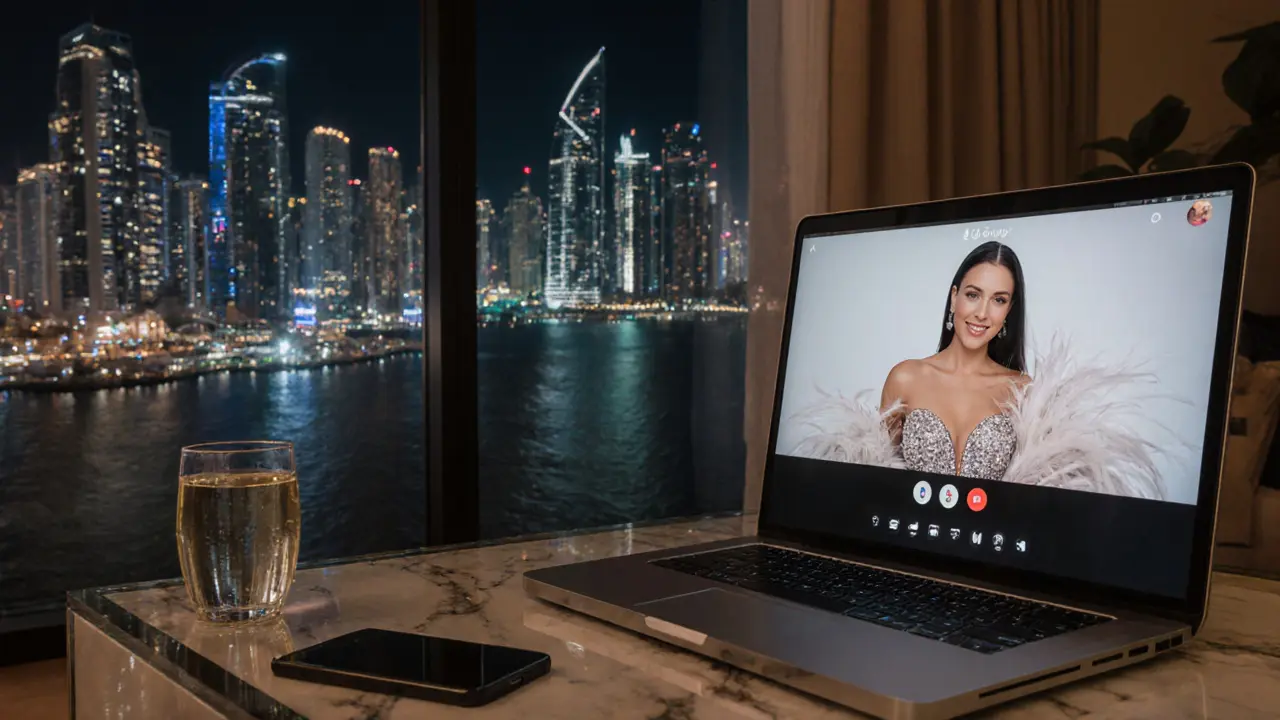 A performer in a luxury Dubai apartment livestreaming to an online audience, with city lights visible through the window.