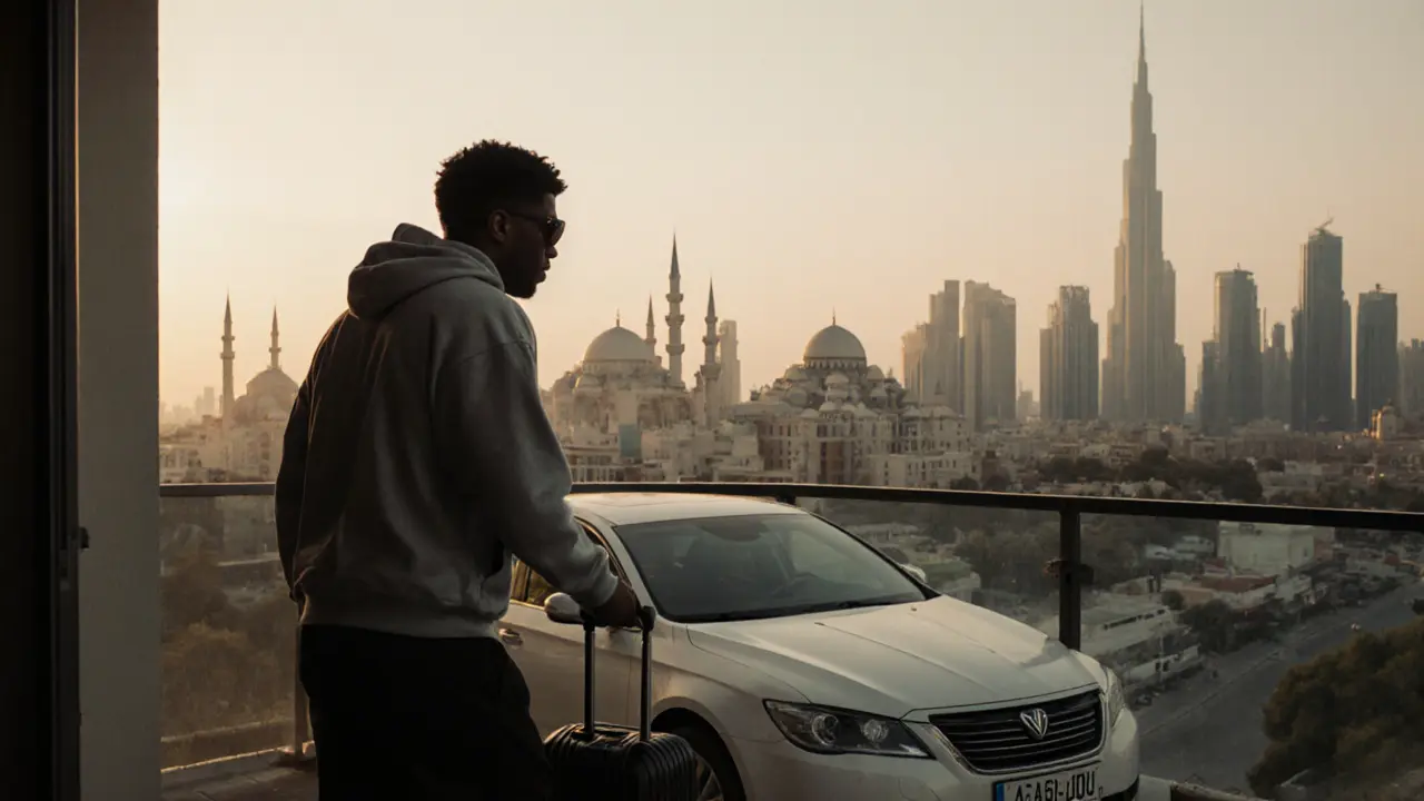 A person with obscured face leaves a Dubai apartment with a suitcase at sunrise, symbolizing anonymity and departure.