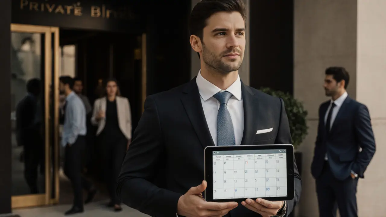 A professional female companion standing outside a private club in Dubai, holding a tablet with a schedule.