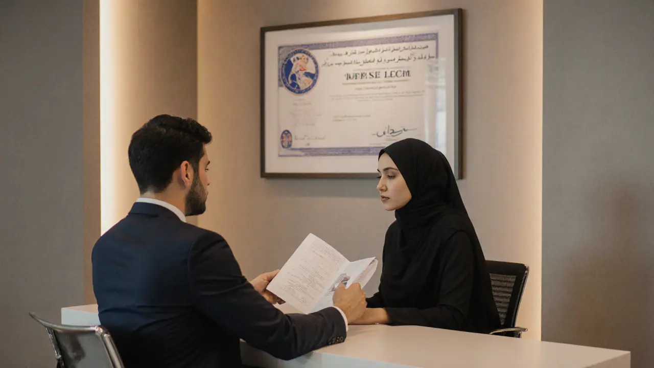 A professional meeting in a Dubai office with a DTCM license visible on the wall, client and manager reviewing a profile.
