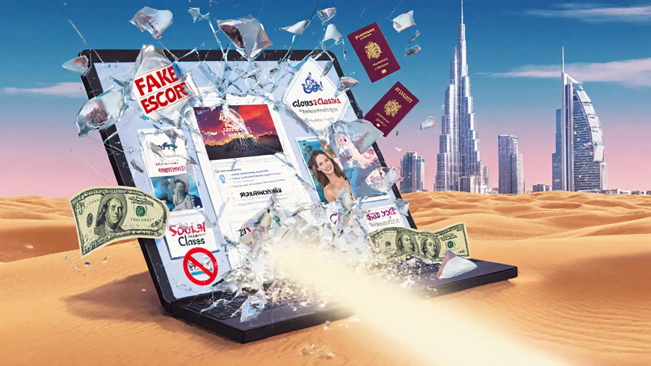 A shattered screen with fake escort ads dissolving into sand, pointing toward legal social activities.