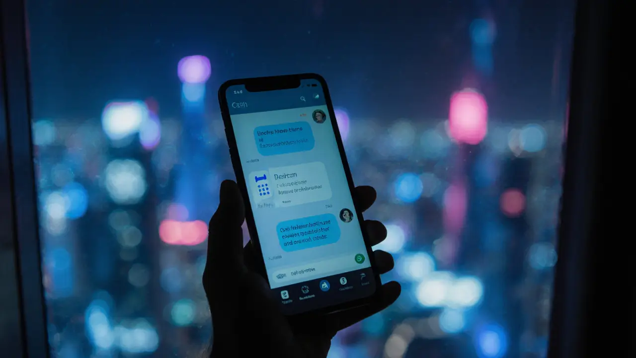 A smartphone screen reflecting in a hotel window, showing encrypted messages and booking details for companionship services.