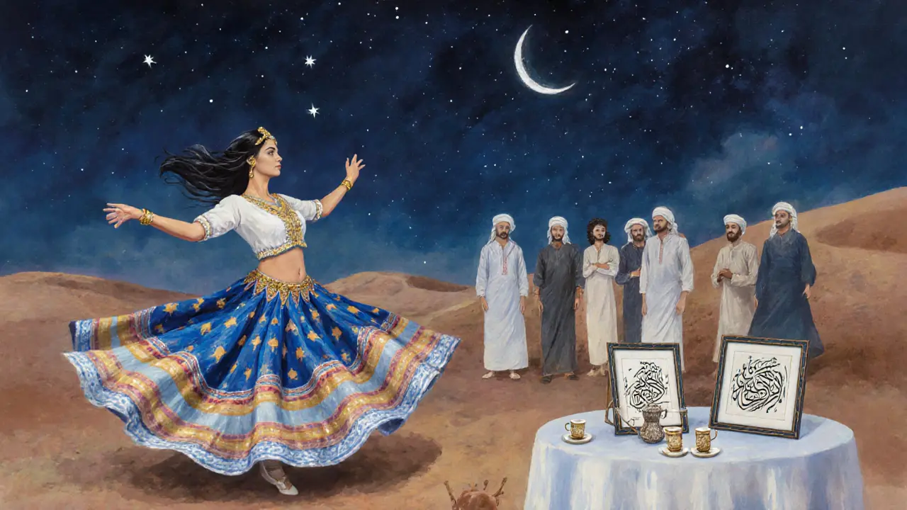 A tanoura dancer spinning under the stars, guests in traditional attire watching in awe during a desert evening.