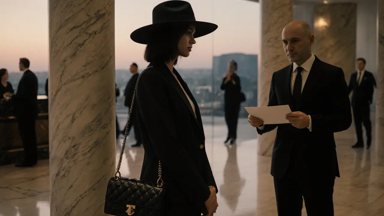 A woman in a designer outfit waiting discreetly in a high-end hotel lobby, receiving a sealed envelope.