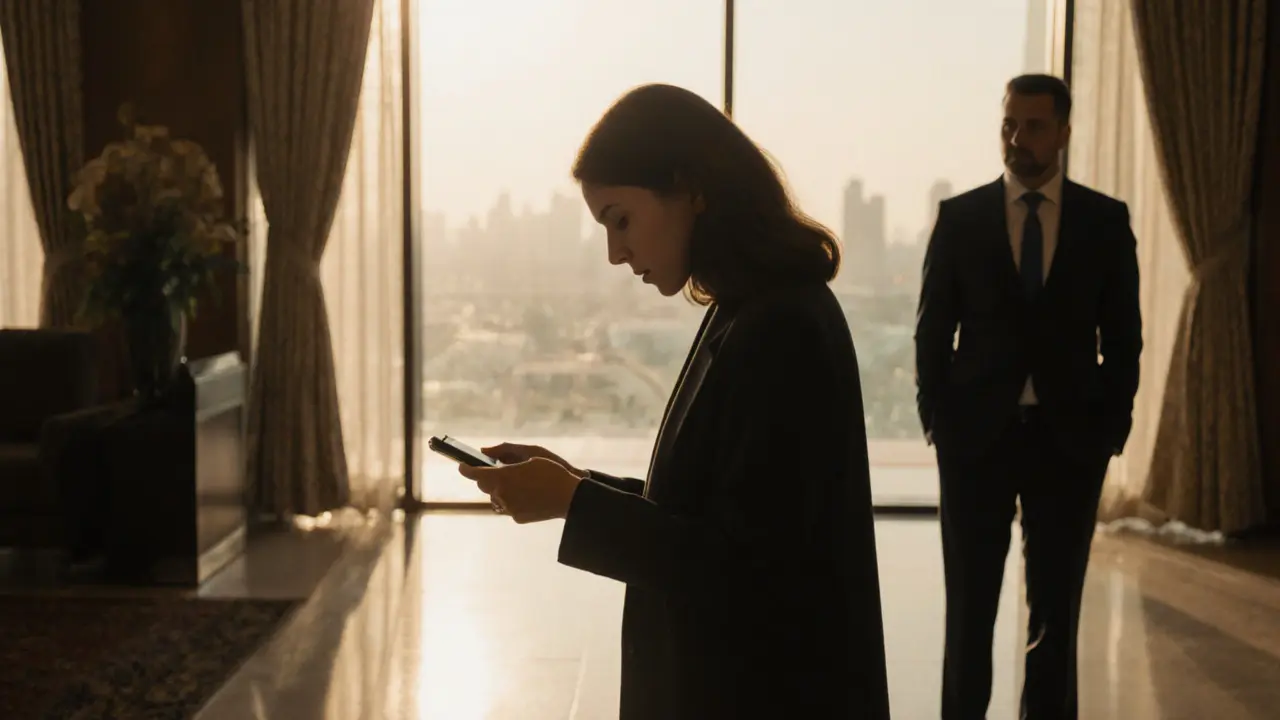 A woman in a Dubai hotel lobby reaching for help while a man watches from afar.