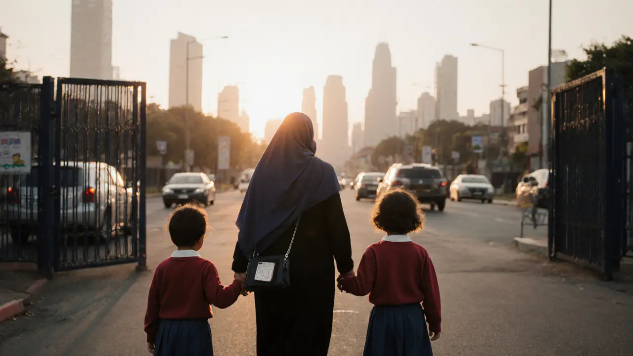 A woman in a hijab walking with children past a school gate at sunrise.