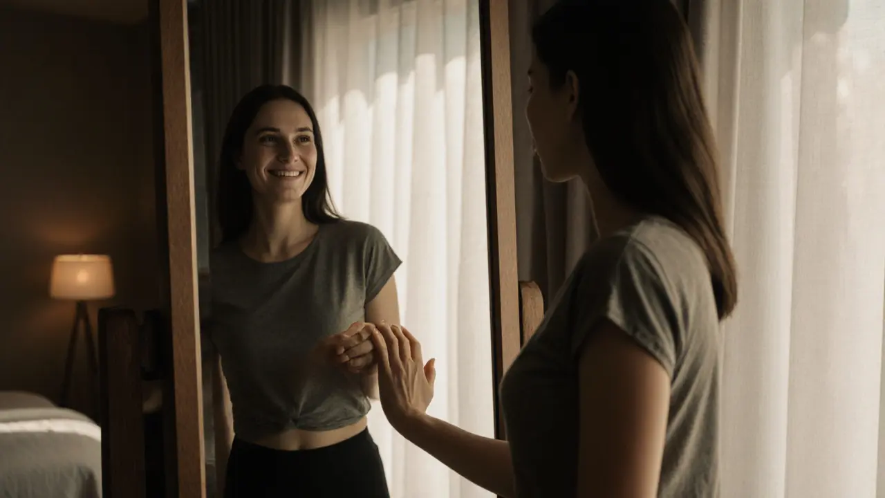 A woman looks at her reflection in a mirror, smiling softly as her hand traces her hip, with a serene massage room blurred behind her.