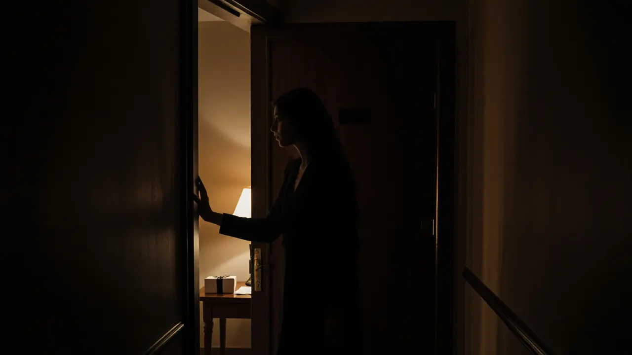 A woman pausing at a hotel room door at night, a gift and note visible inside, conveying dignity and quiet closure.