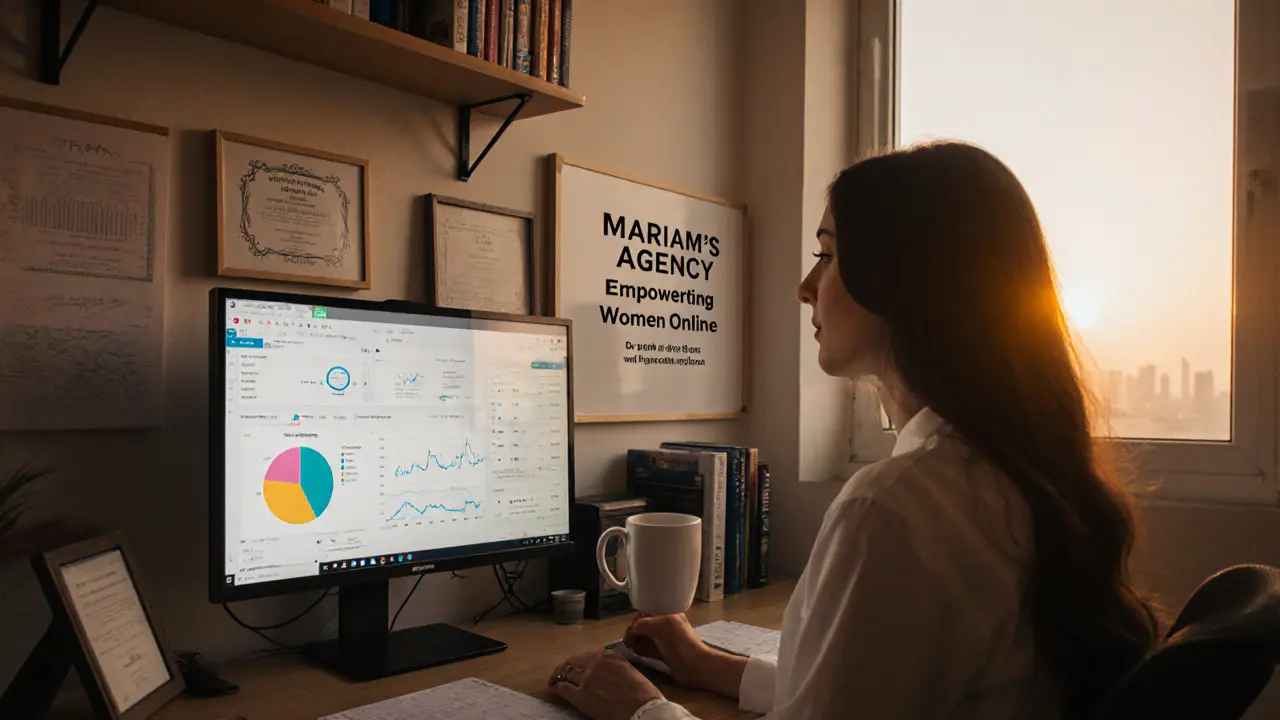 A woman runs her own digital marketing business from home, surrounded by her earned certifications.