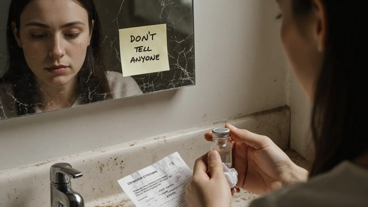 A woman’s hand holds a pill bottle and HIV test receipt on a bathroom counter, reflection showing her tear-streaked face.