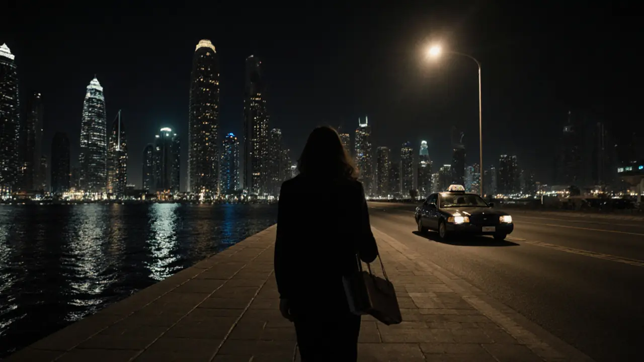 A woman walks silently along Dubai Marina at night, reflections of towers on water, taxi waiting in distance.
