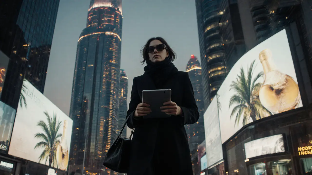 A woman with obscured face walking through Dubai&#039;s luxury streets, hiding a tablet under her coat.