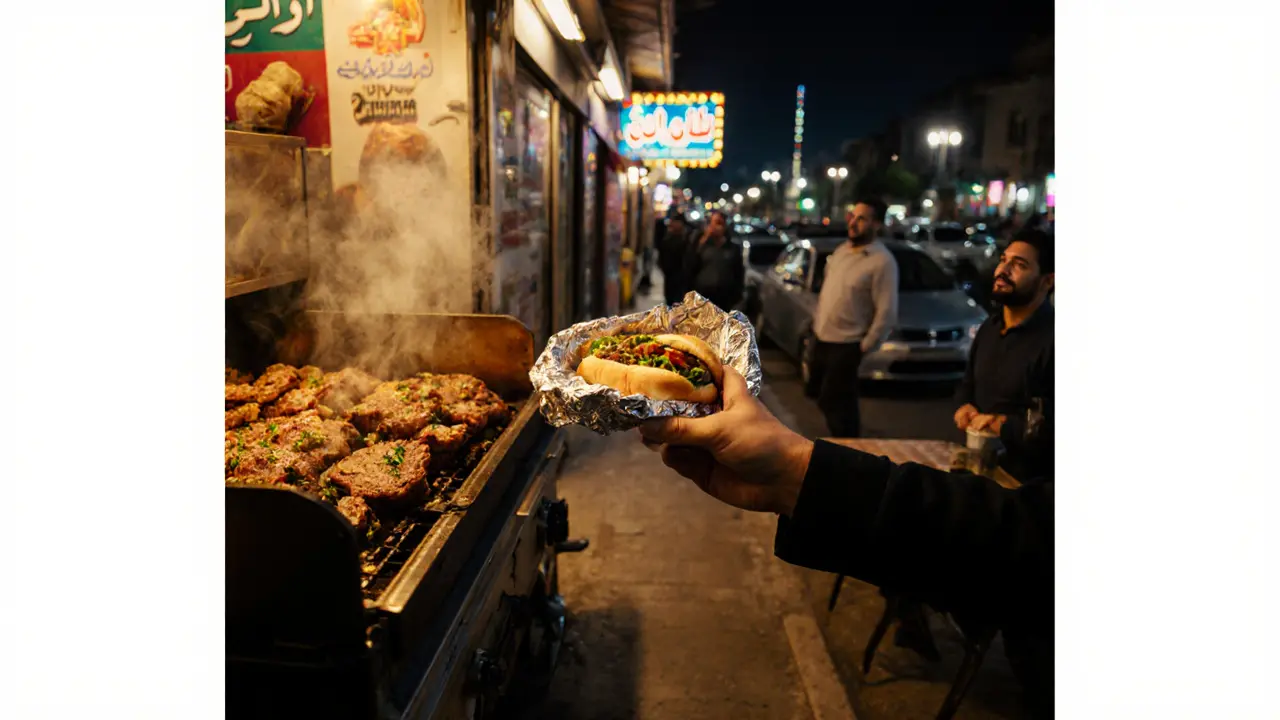 Al Mallah grill serving kafta sandwiches late at night in a lively street alley.
