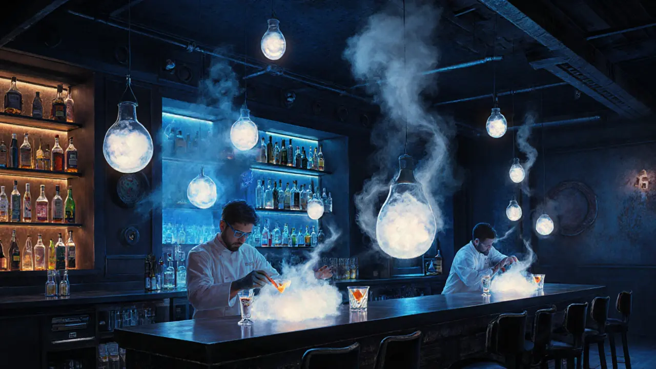 Alchemist bar with glowing cocktails and liquid nitrogen mist in a scientific setting.
