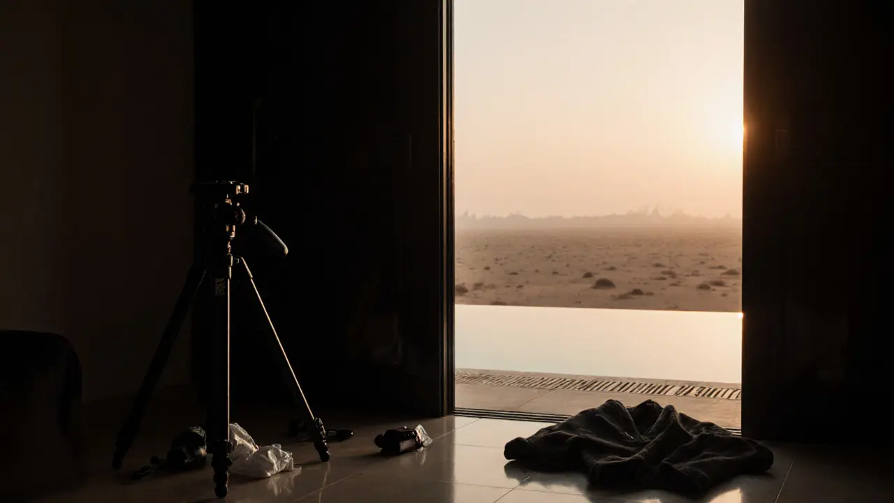 An empty villa room with a camera tripod and discarded clothing, hinting at hidden activity.