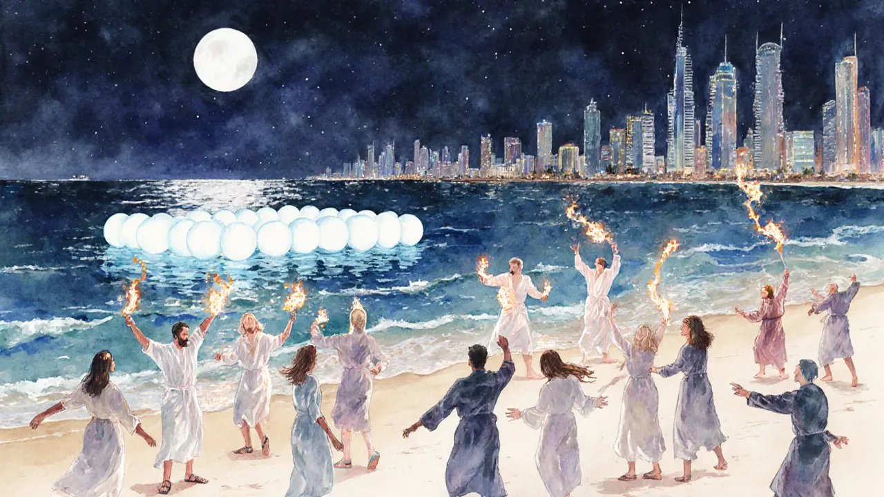 Beach party at night with glowing floats, fire dancers, and moonlit ocean.