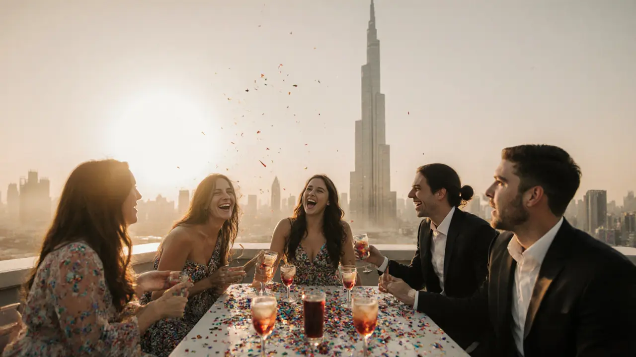 Celebrants on a rooftop at dawn with the Burj Khalifa glowing behind them as the sun rises.