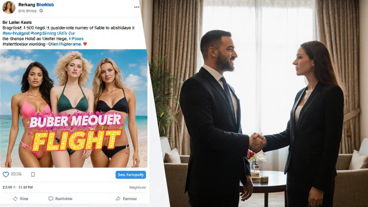 Contrasting image: flashy social media post on left, genuine hotel lobby meeting on right.