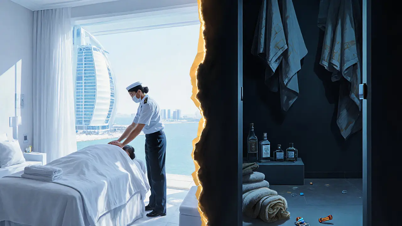 Contrasting scene: luxury spa on left, illegal massage room on right, separated by a fracture line.