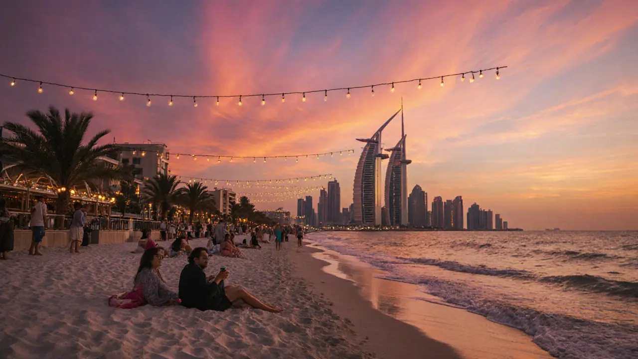Couples and friends relaxing on JBR beach at sunset, skyline glowing behind them.