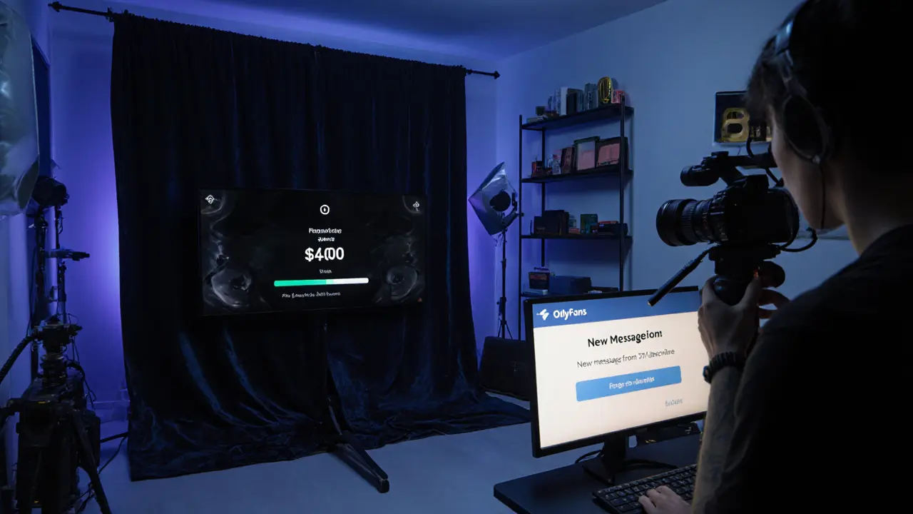 Creator filming private content in a professional studio with ring lights, crypto wallets, and a monitor showing payment notifications.