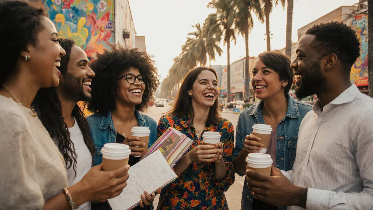 Diverse group of expats and locals enjoying a social meetup in Dubai&#039;s Alserkal Avenue.