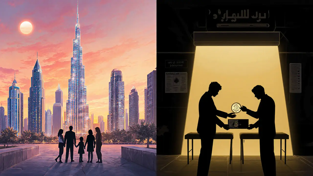 Dubai&#039;s skyline contrasts with shadowy underground transactions, symbolizing the city&#039;s hidden adult tourism economy.