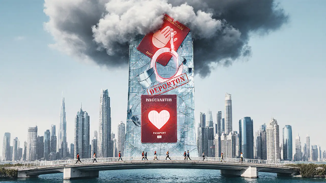 Dubai’s skyline as a cracked glass tower, symbolizing reputational damage from sex tourism with warning symbols above.