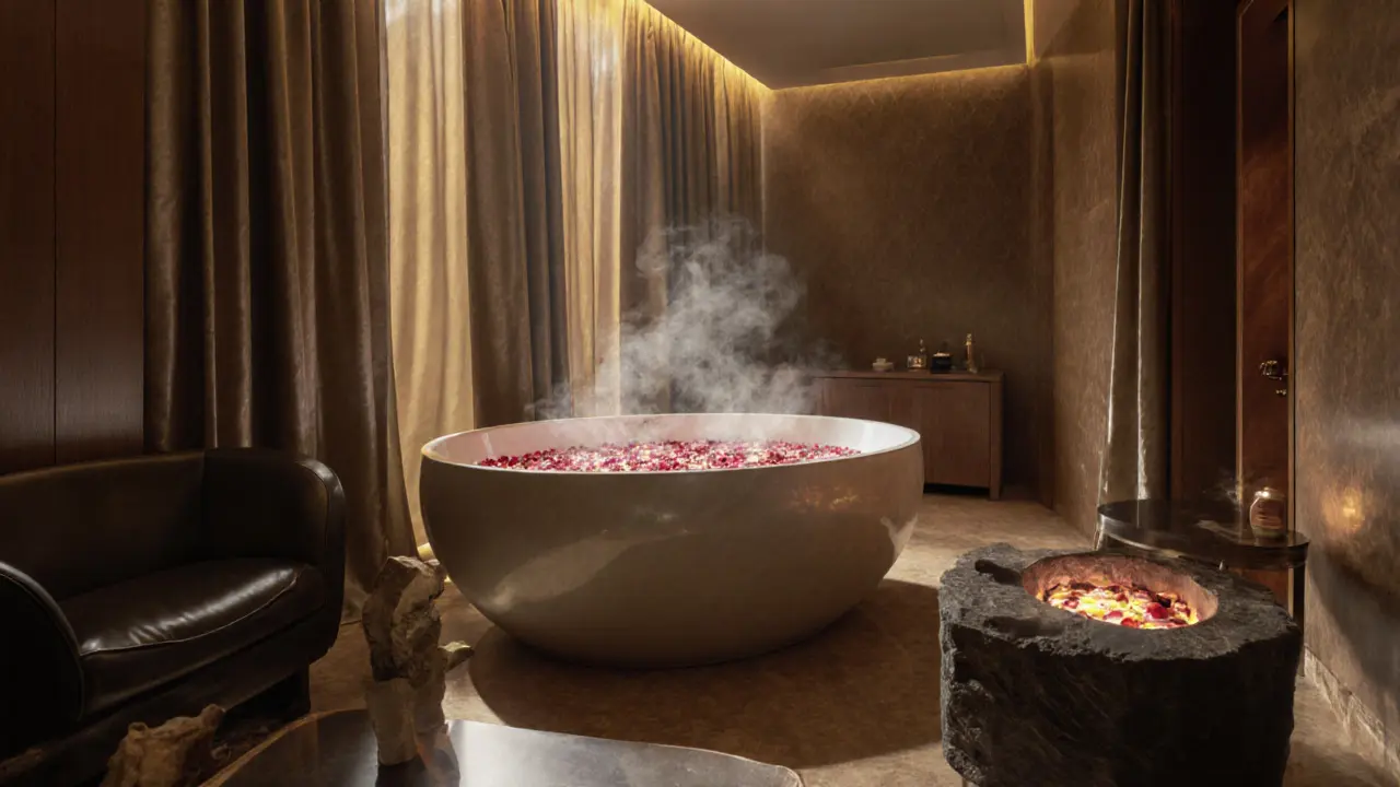 Elegant Armani Hotel spa suite with rose petals in a steaming tub and dim golden lighting.