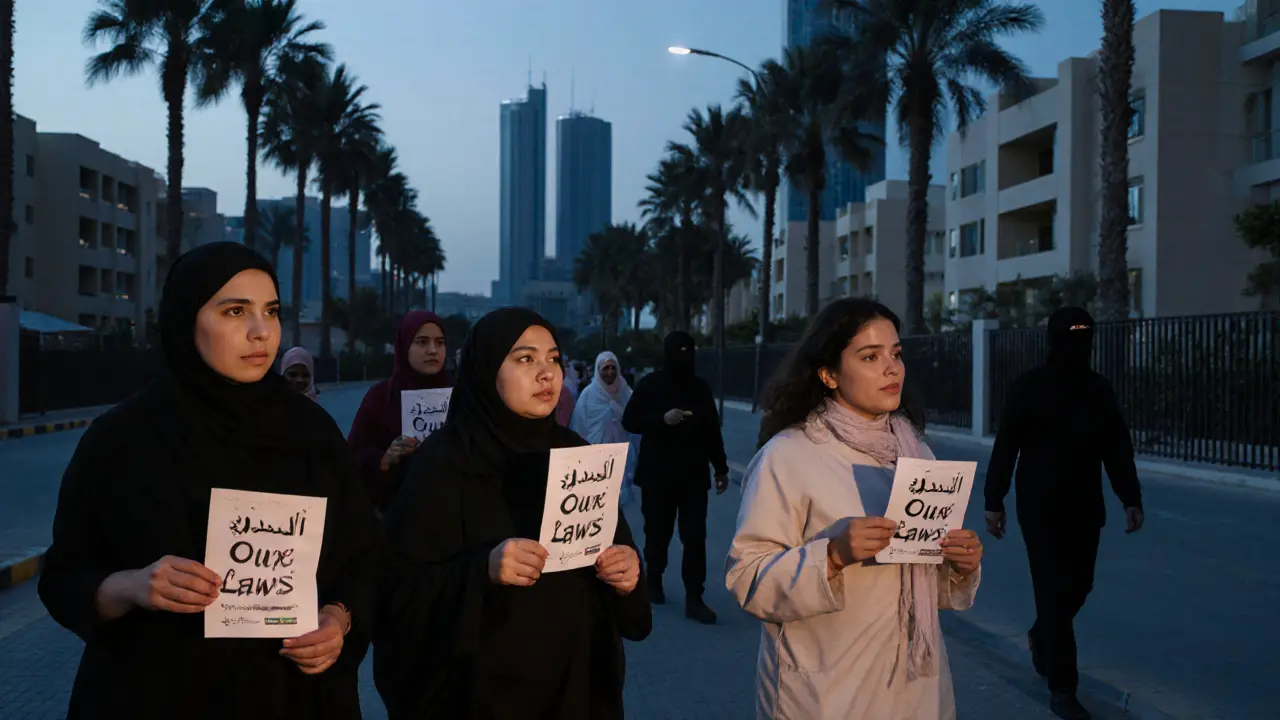Expatriate women walking at dusk in Al Barsha, holding community awareness flyers near a guarded apartment complex.