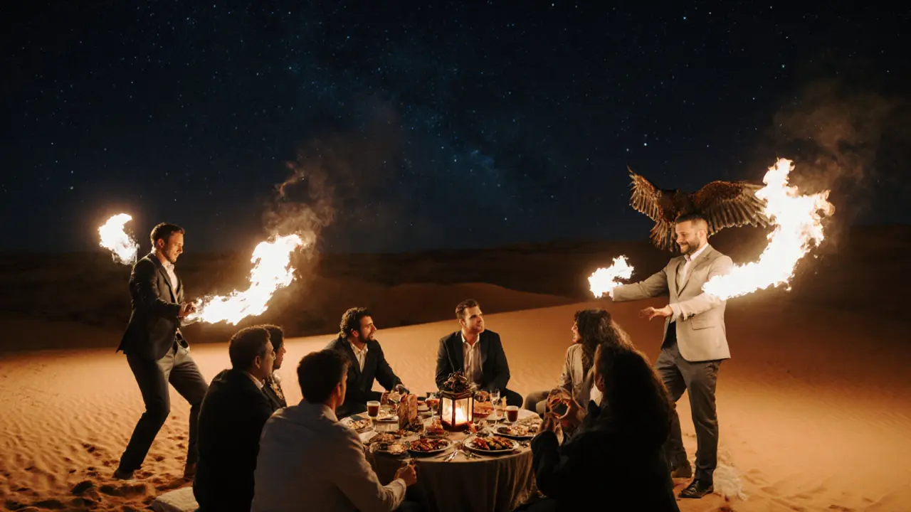 Fire dancers performing under desert stars at a themed bachelor party, with a falcon on the groom&#039;s shoulder and lantern-lit dunes around them.