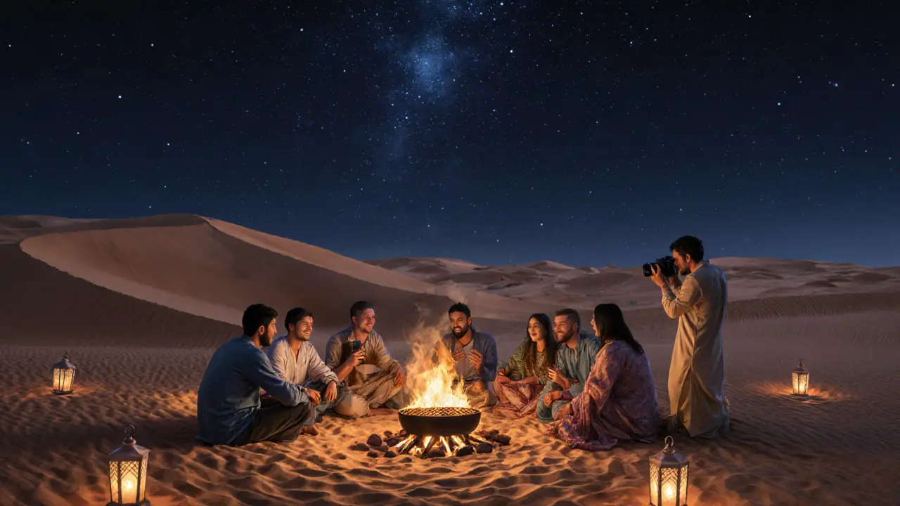 Friends at a desert safari night party around a BBQ fire under stars, cultural music playing softly.