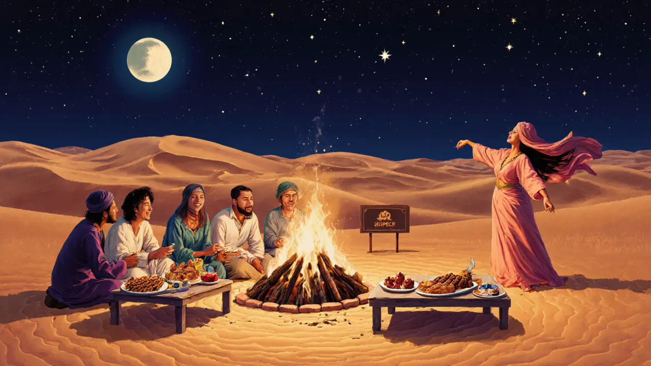 Friends enjoying a desert dinner under the stars with a belly dancer and traditional fire pit.