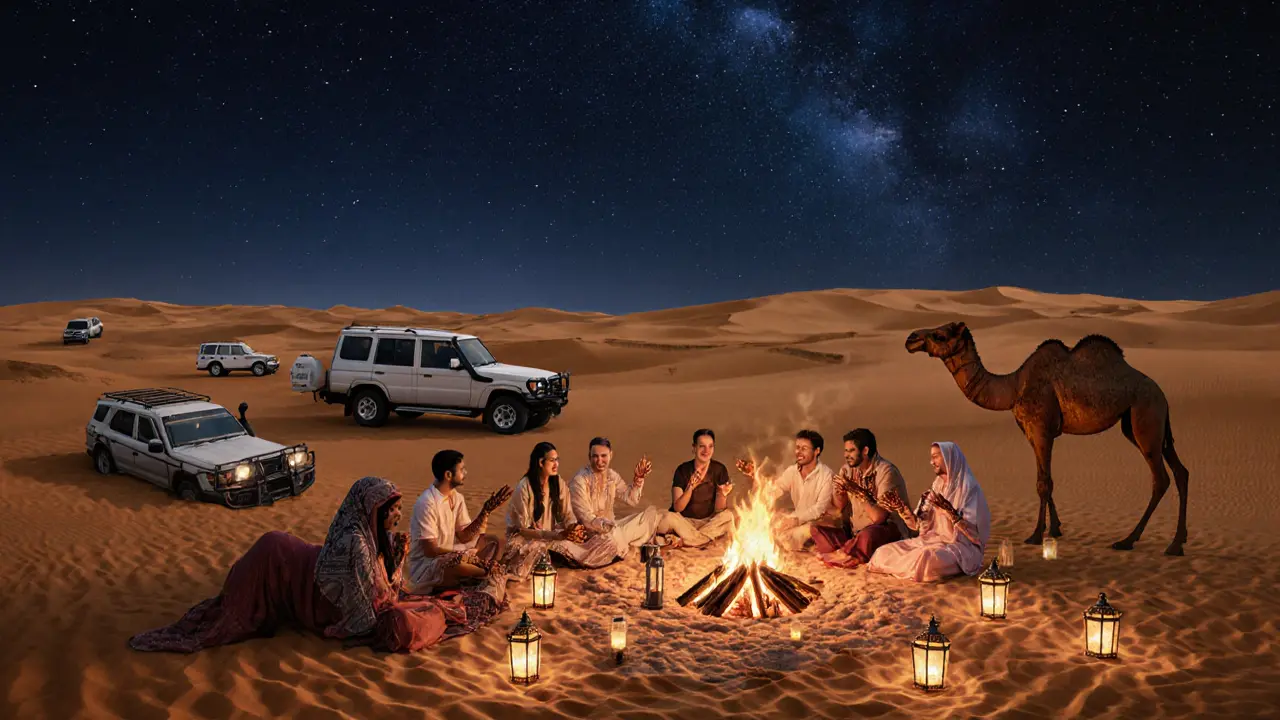 Friends enjoying a desert safari at night around a fire under stars with camels and lanterns.