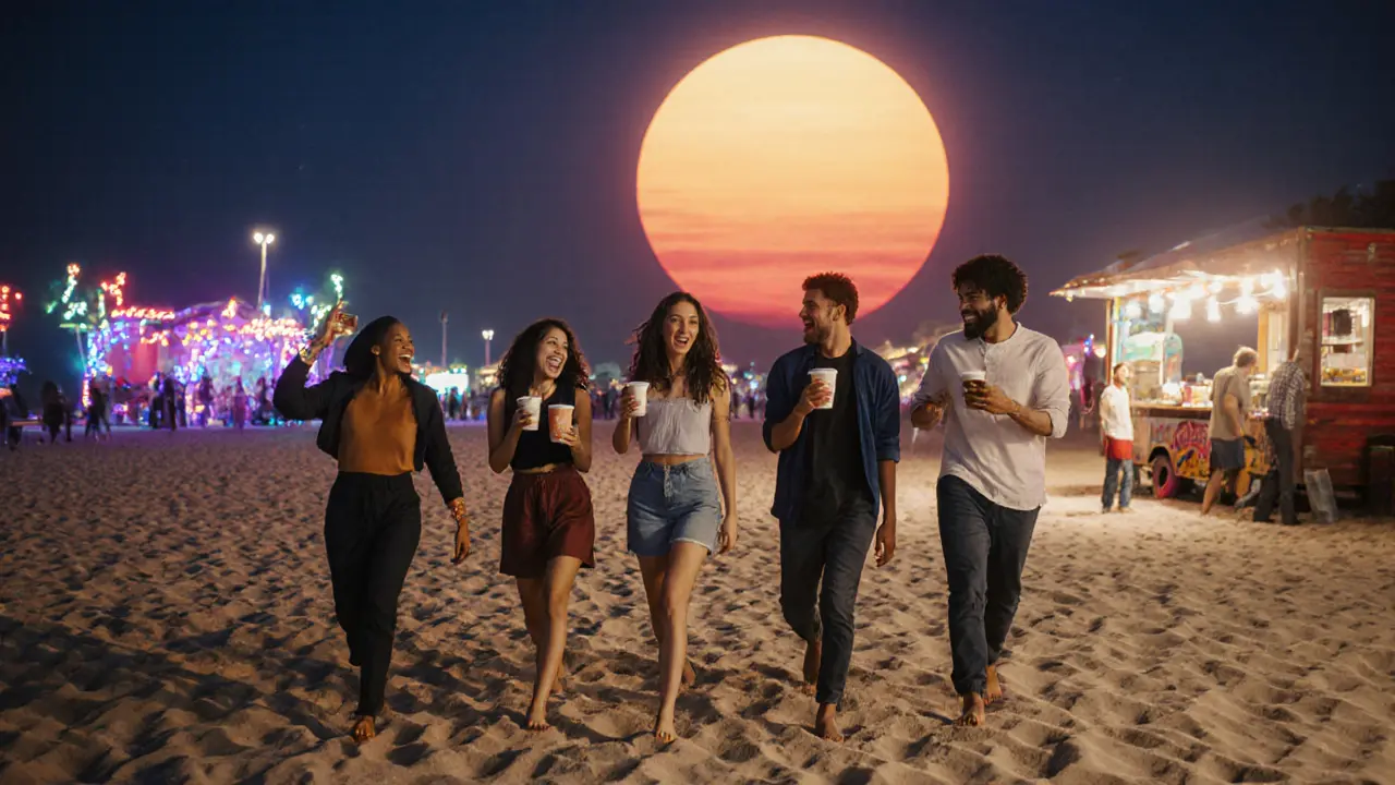 Friends walking barefoot on JBR beach at night, holding drinks as colorful beach club lights glow behind them.