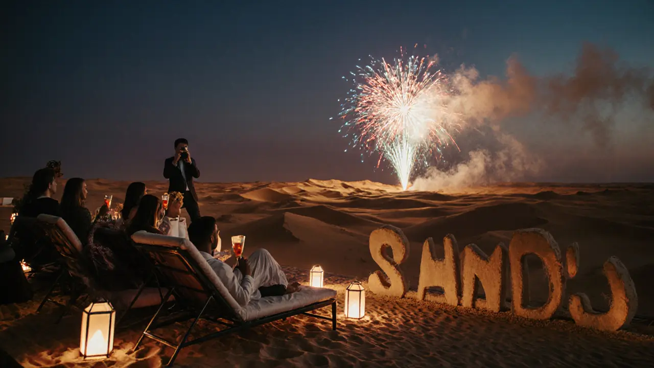Guests lounging on a desert dune platform under lanterns, with a sand sculpture and fireworks in the distance.