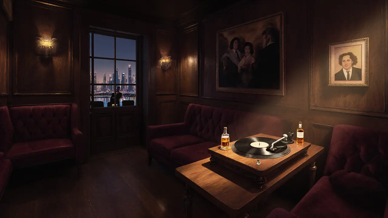 Hidden speakeasy with vintage decor, vinyl records, and quiet patrons in dim light.