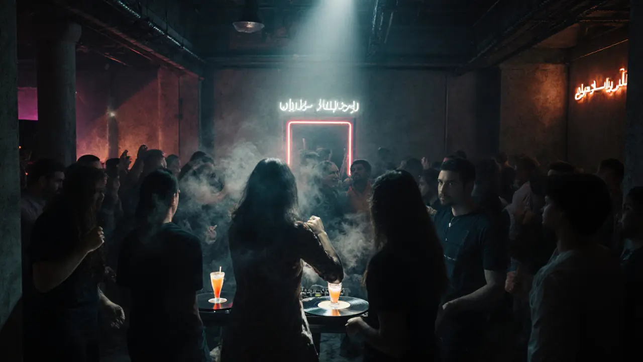Hidden underground club with neon lights and diverse crowd dancing to bass-heavy music.