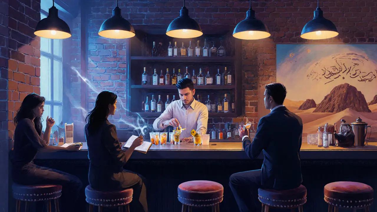 Intimate speakeasy bar in Alserkal Avenue with bartender mixing regional cocktails under warm vintage lighting.
