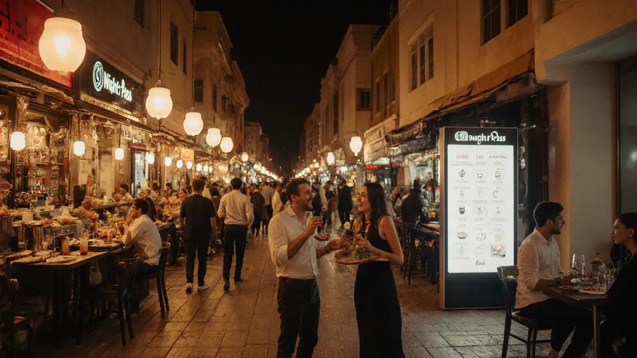 Late-night food street in Dubai with diners enjoying gourmet bites under warm lamps at 1 a.m.