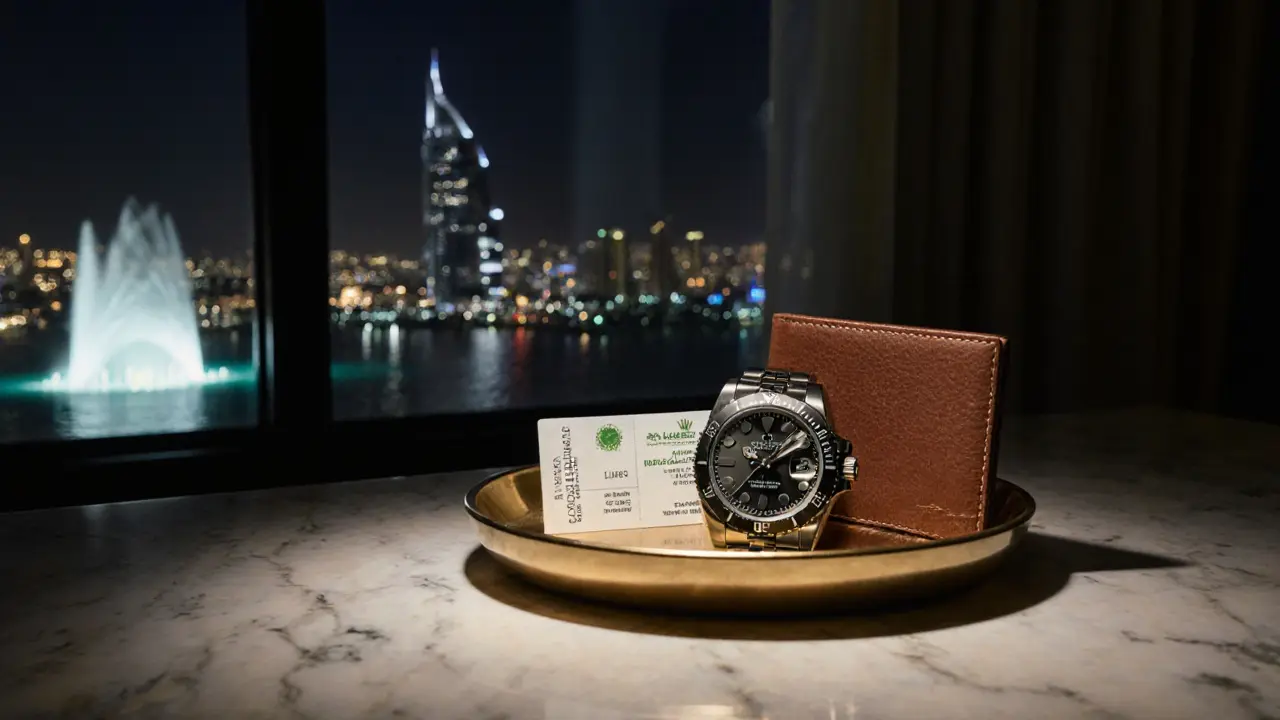 Luxury gift items—watch, wallet, and helicopter ticket—on marble with Dubai reflections.