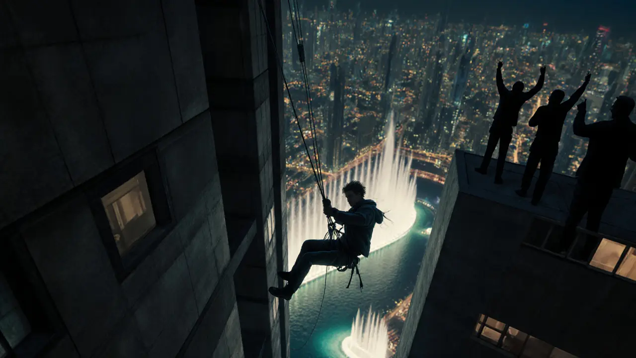 Man rappelling down a Dubai skyscraper at night with city lights below.